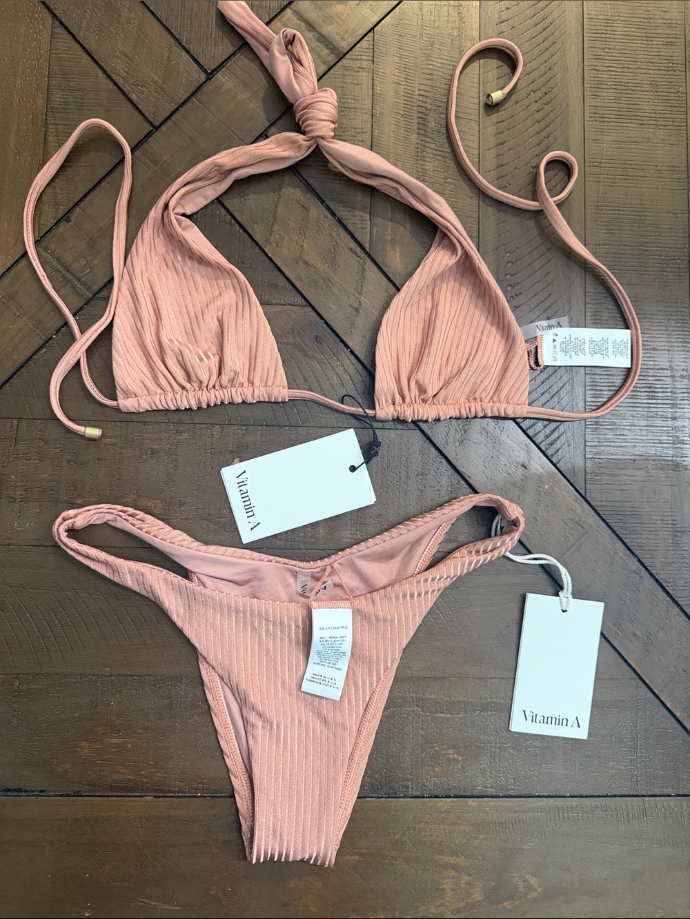 NWT Vitamin A 2 Piece Bikini Set Ribbed Shiny Rose Nude size XS